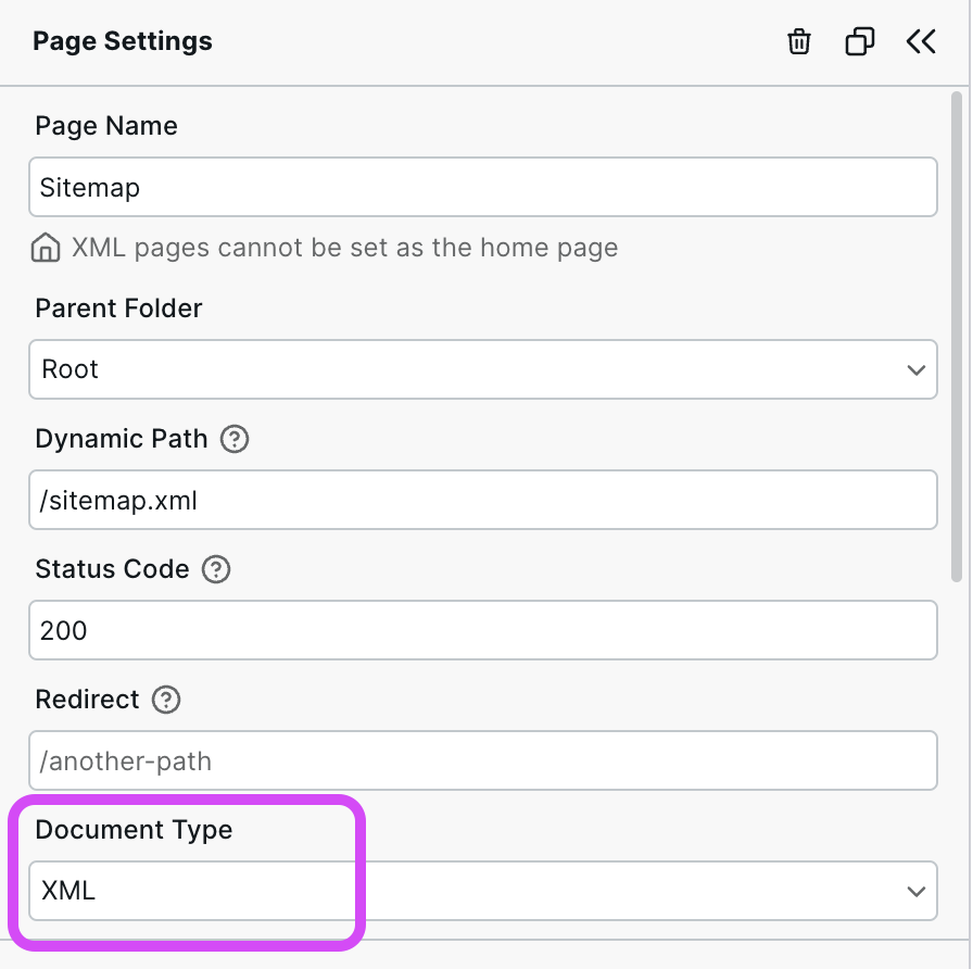 Page Settings with Document type set to XML